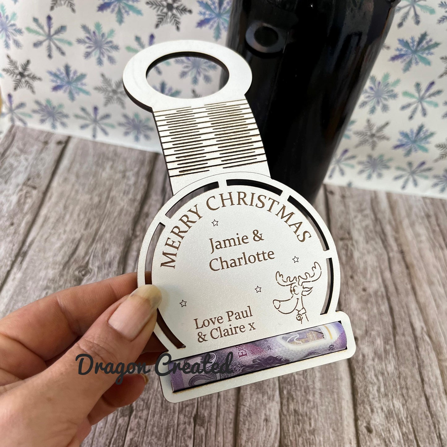 Personalised Christmas Wine Tag with Money Holder: Wooden Cash Gift Envelope