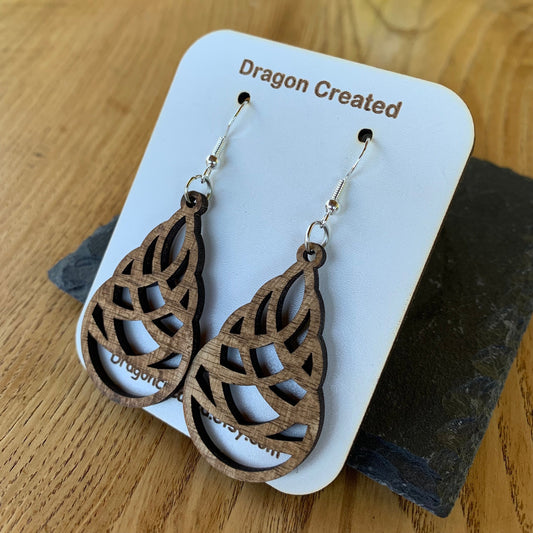 Wooden Swirly Teardrop Earrings - Lightweight hyper allergenic Earrings - handmade Drop Earring - Dangly Silver
