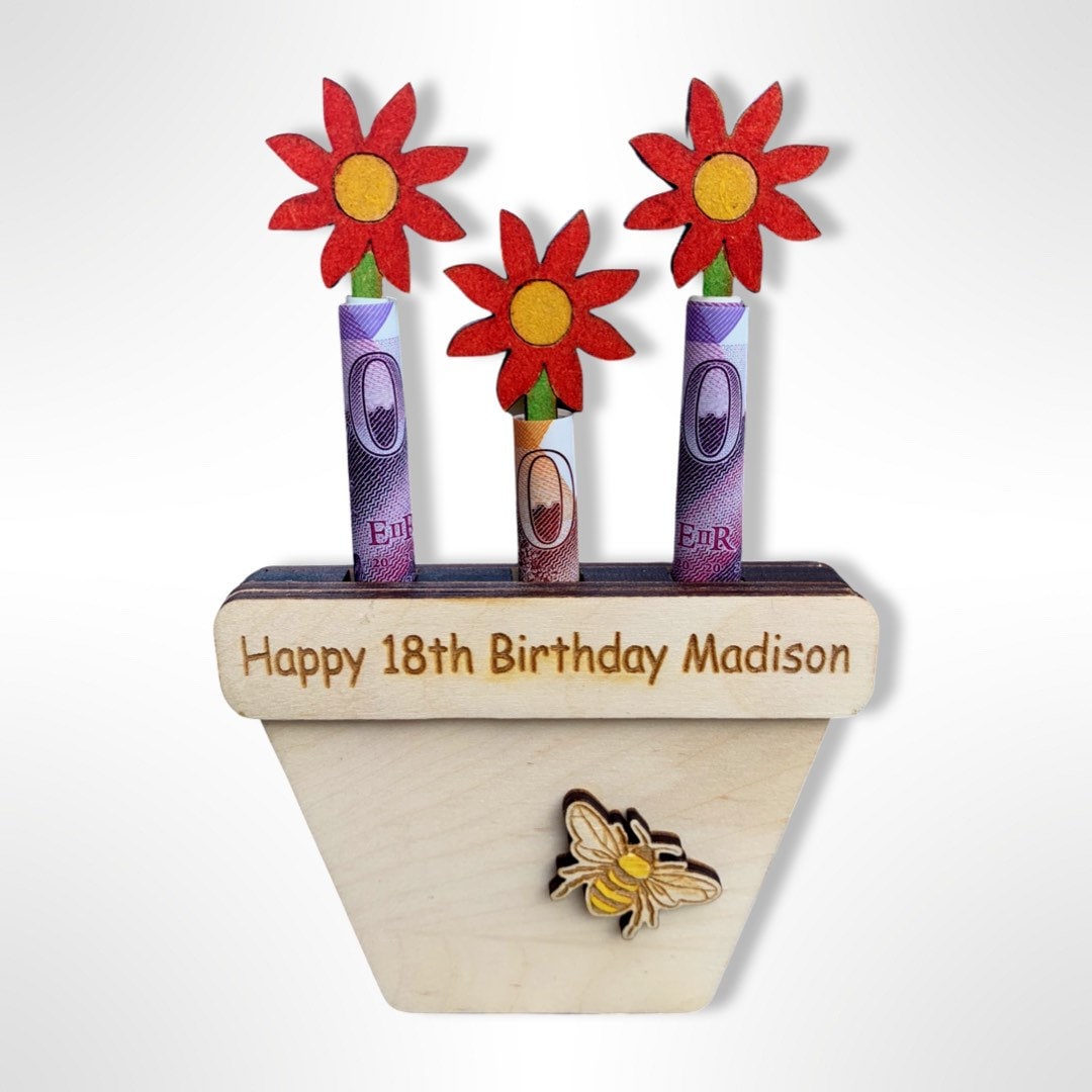 Personalised Birthday Money Holder: Wooden Flower Pot Gift, Cash Envelope