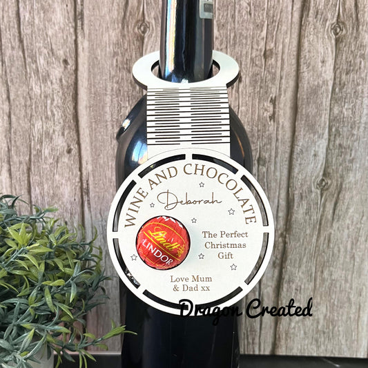 Personalised Funny Christmas Wine And Chocolate Bottle Tag: Engraved Wooden Chocolate Holder, Label