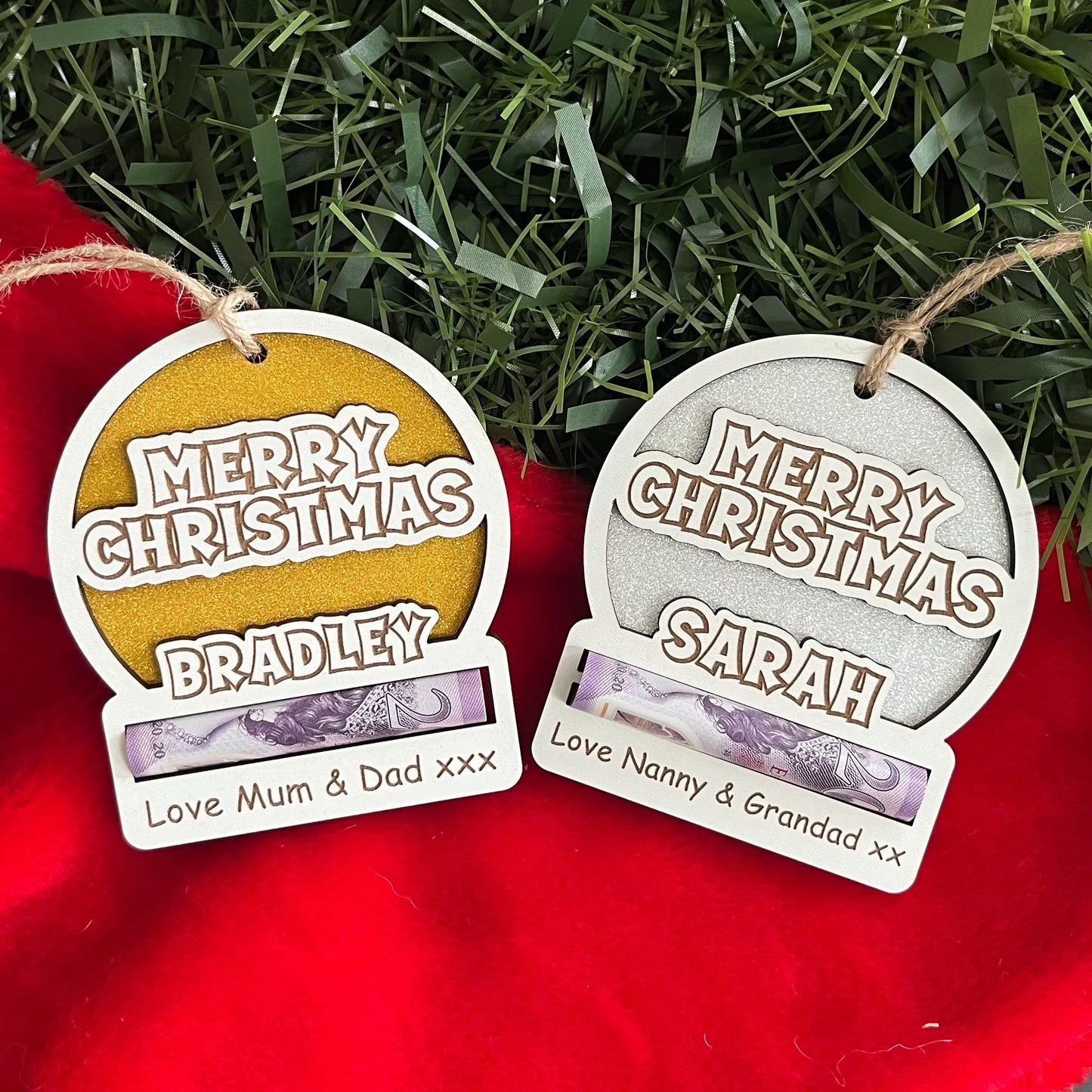 Personalised Merry Christmas Sparkly money holder. Wooden Cash Envelope, Christmas Tree Decoration. Xmas Cash