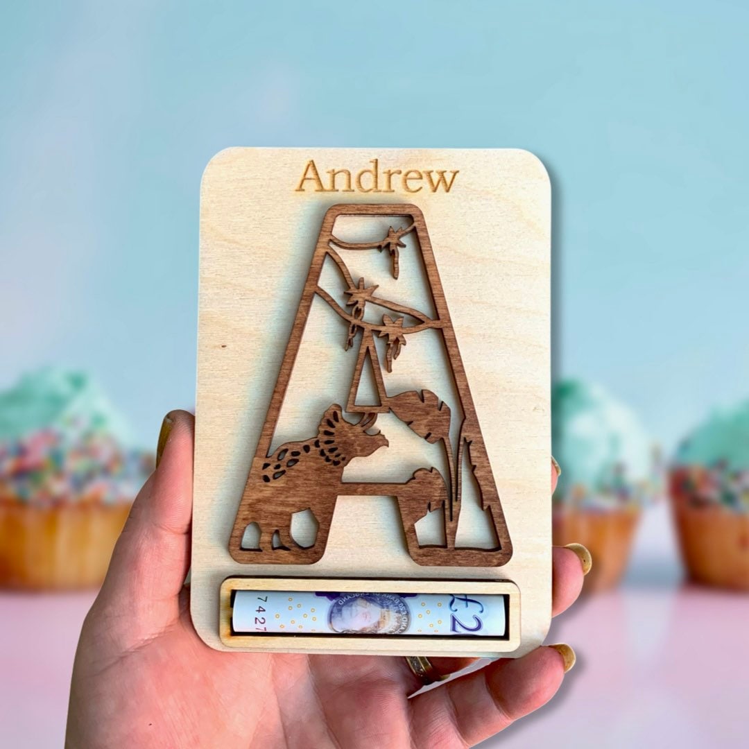 Personalised Dinosaur Money Holder: Wooden Birthday Gift Envelope, Cash Envelope