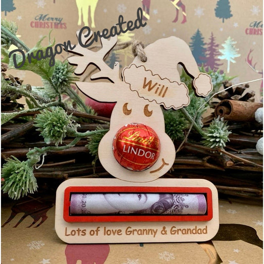 Personalised Christmas Money Holder Ornament: Reindeer Chocolate Bauble