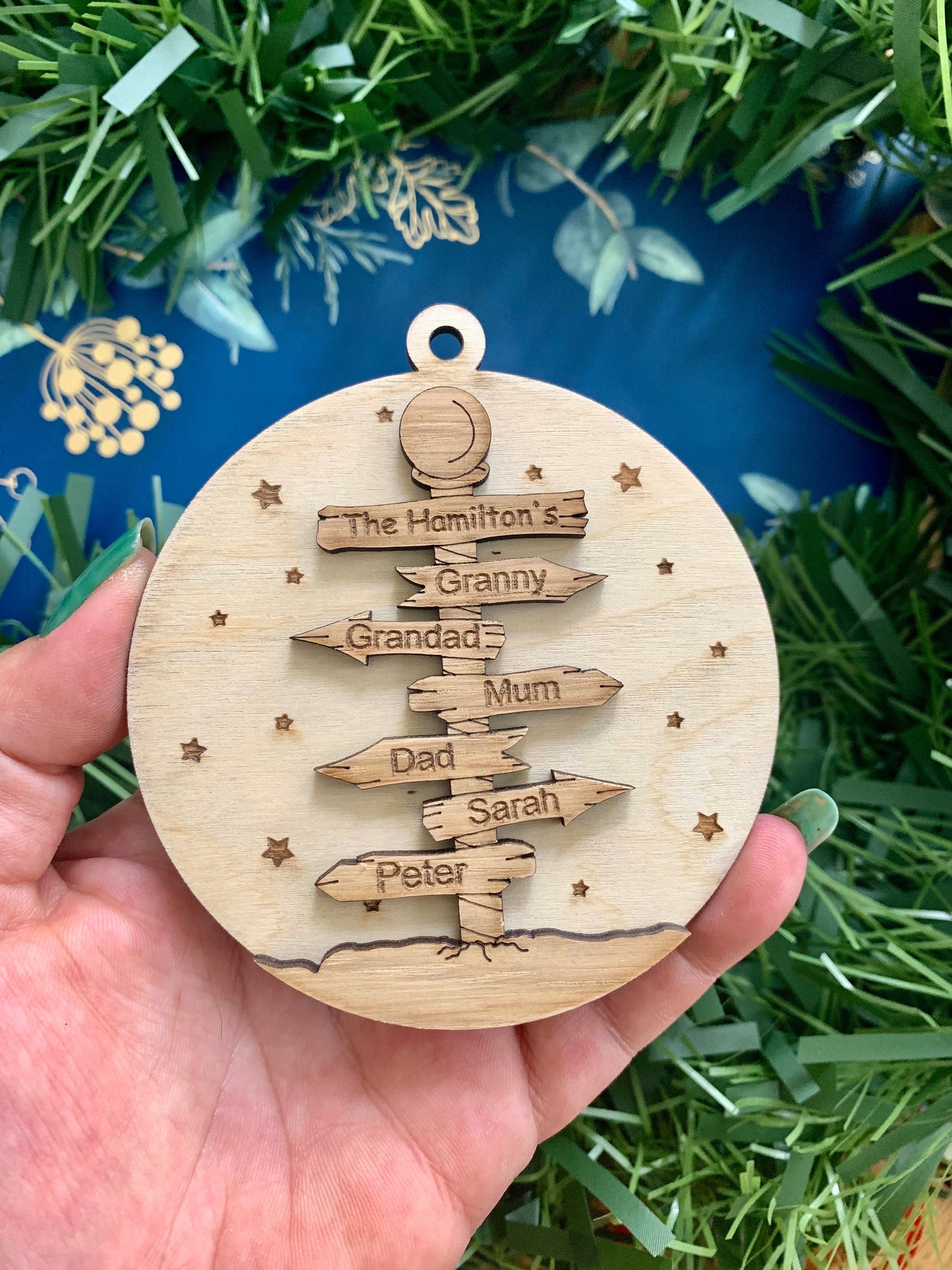 Personalised Family Christmas Ornament: North Pole Signpost, Wooden Bauble, Tree Decoration