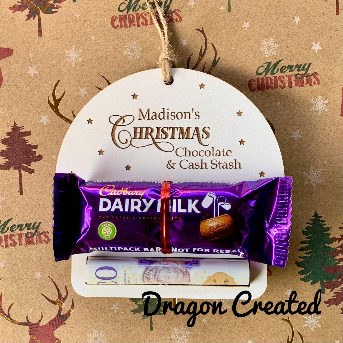 Personalised Christmas Money & Chocolate Holder: Wooden Tree Ornament, Cash Envelope