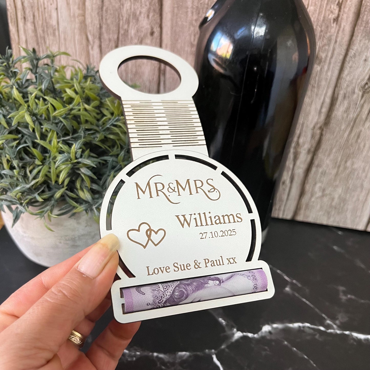 Wedding Mr And Mrs Wine Tag: Gift Money Holder, Cash Holder, Personalised Wine Label