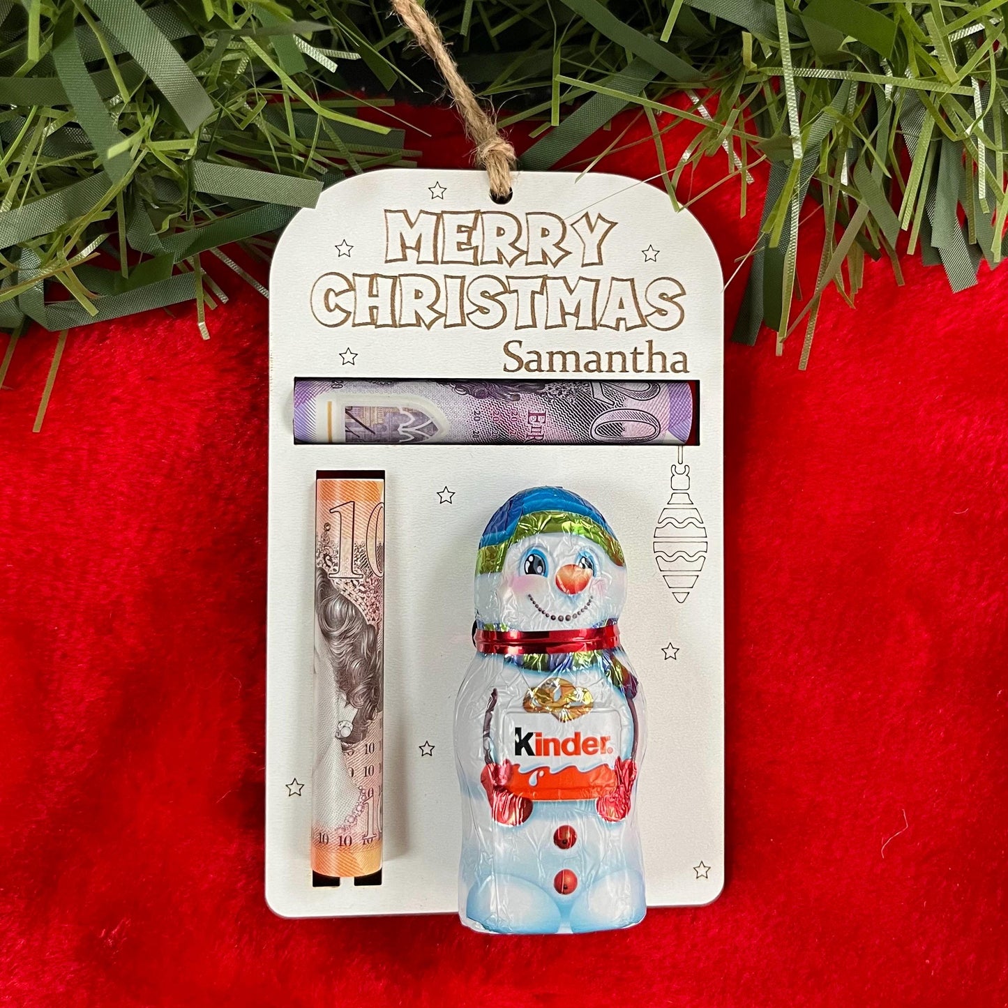 Personalised Christmas Ornament: Money And Kinder Chocolate Snowman Holder, Cash Envelope