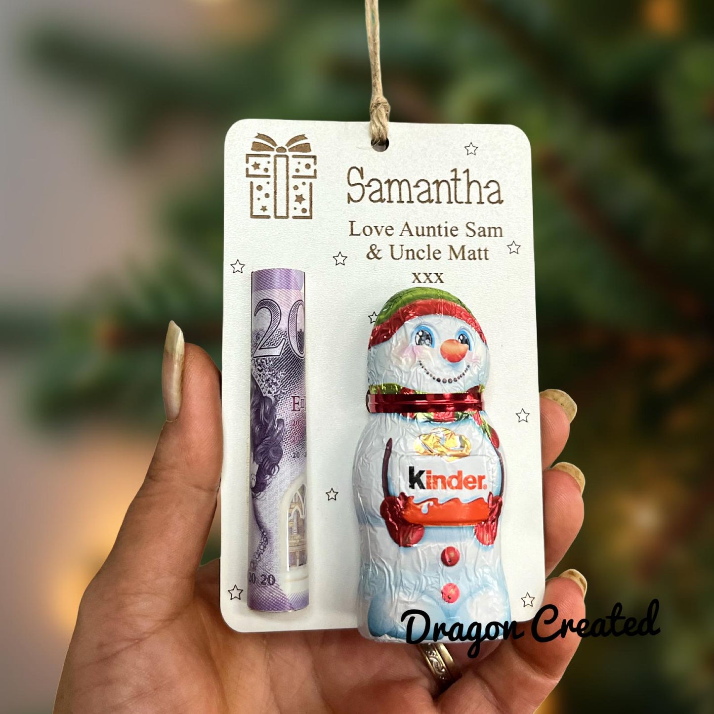 Personalised  Christmas Money & Chocolate Holder - Tree Ornament, Cash Envelope, Lindor Bear, Kinder Snowman
