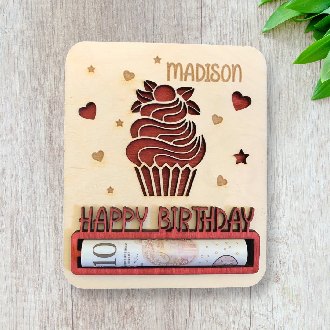 Personalised Birthday Money Holder: Laser Engraved Wooden Gift, Cash Envelope