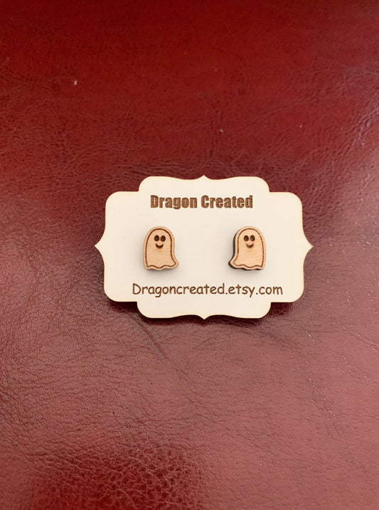 Engraved Wooden Ghost Stud Earrings: Hypoallergenic Halloween Jewellery