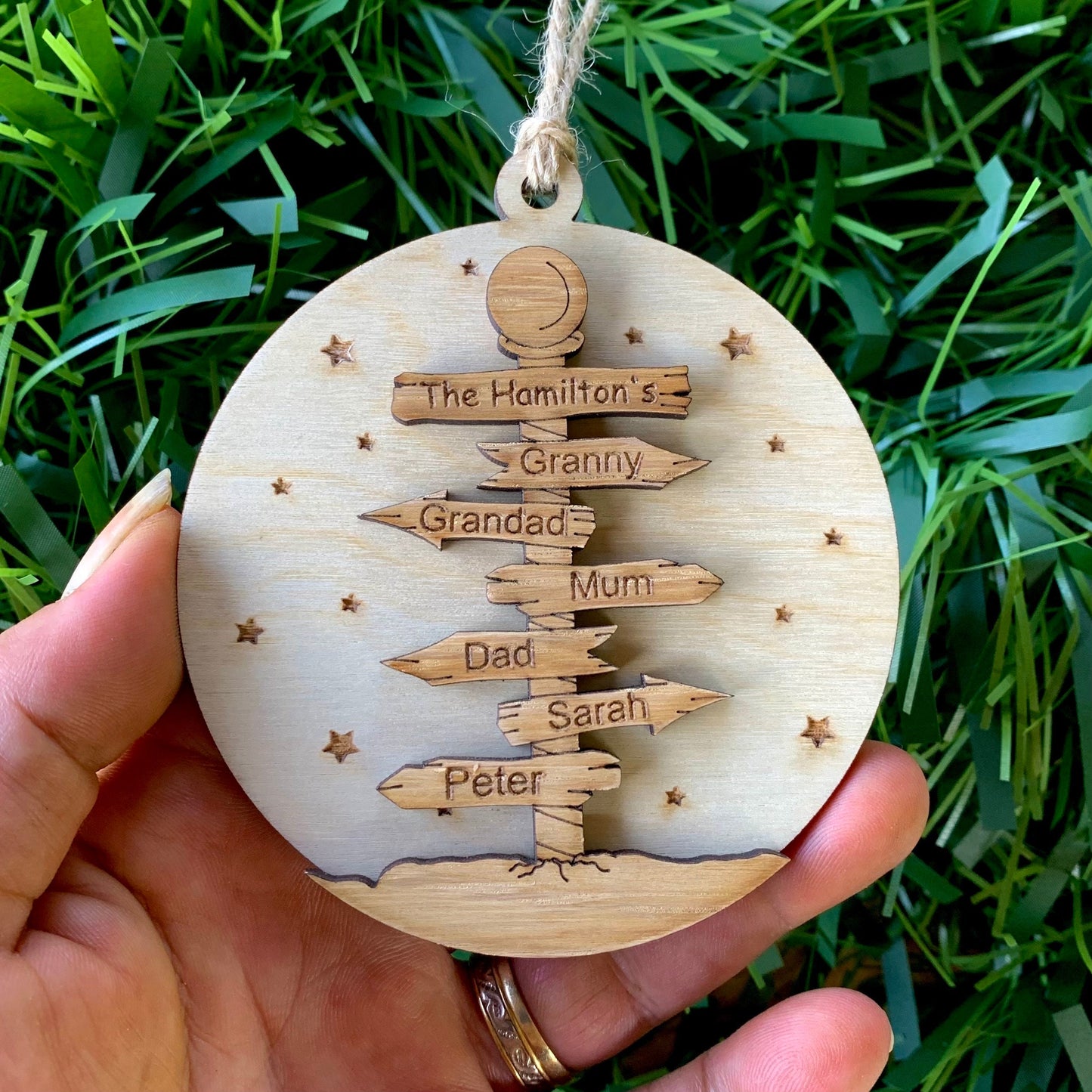 Personalised Family Christmas Ornament: North Pole Signpost, Wooden Bauble, Tree Decoration