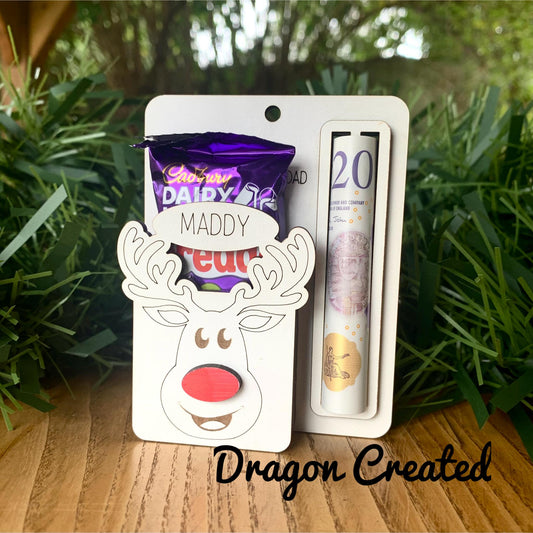 Personalised Reindeer Money & Chocolate Holder: Laser Engraved Wood Christmas Ornament