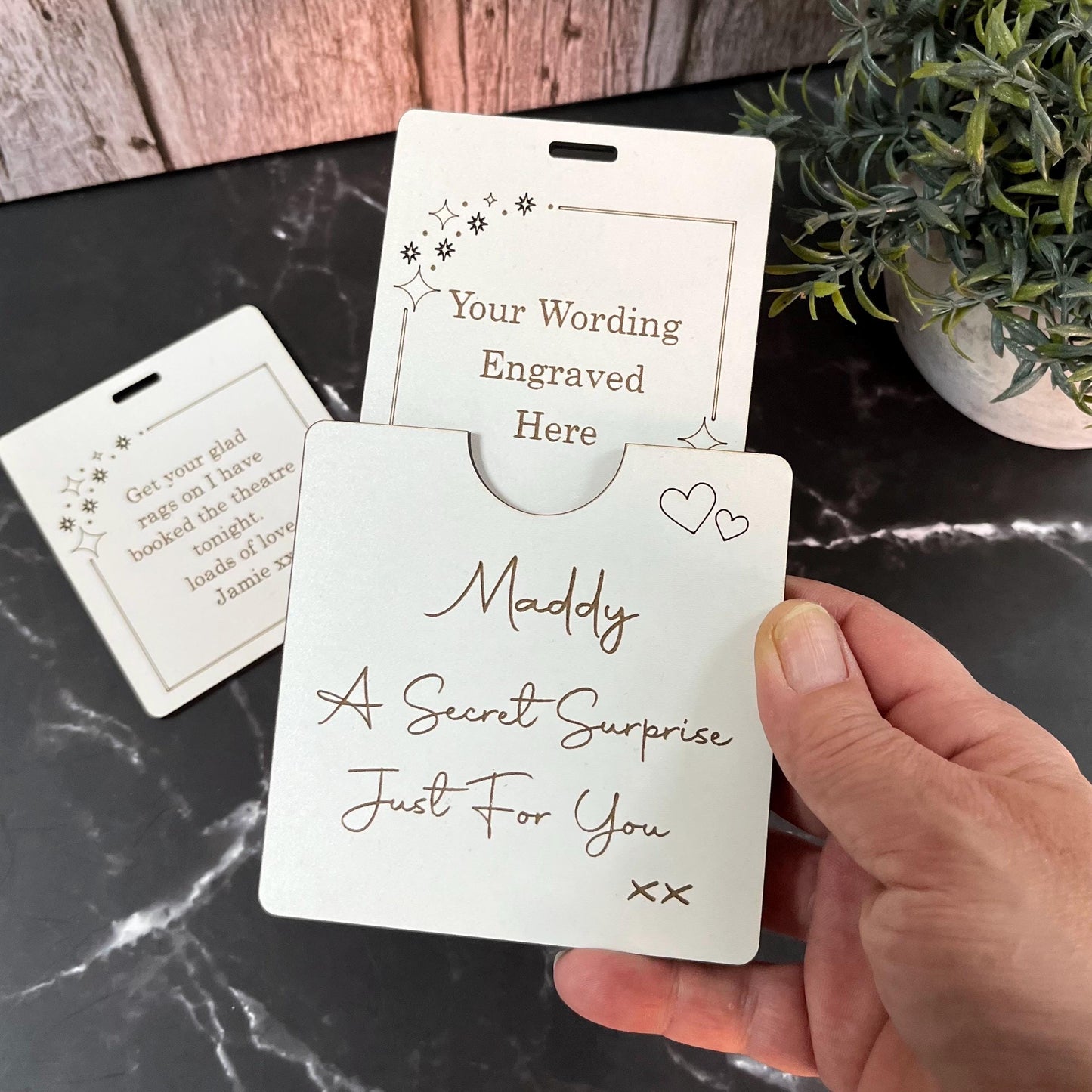 Secret Surprise Reveal, Wooden Card, Personalised Love Letter.