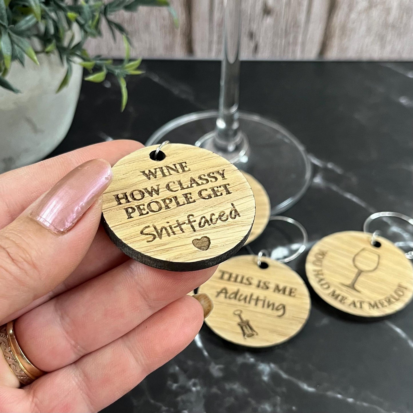 Funny Novelty Oak Wine Glass Charms: Personalised Girls Night Gift Set, Party Glass Tags X6