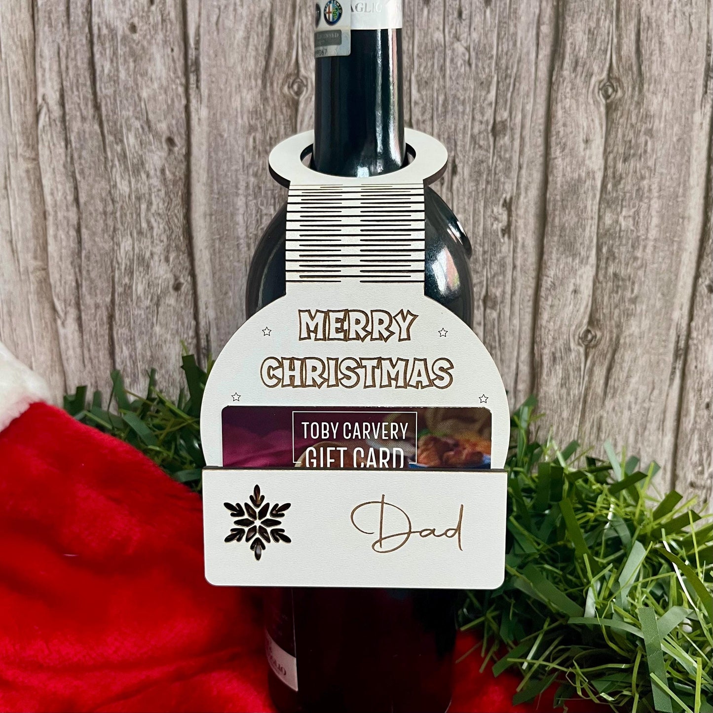 Personalised Christmas Wine Tag, Gift Card Holder: Wooden Wine Bottle Topper