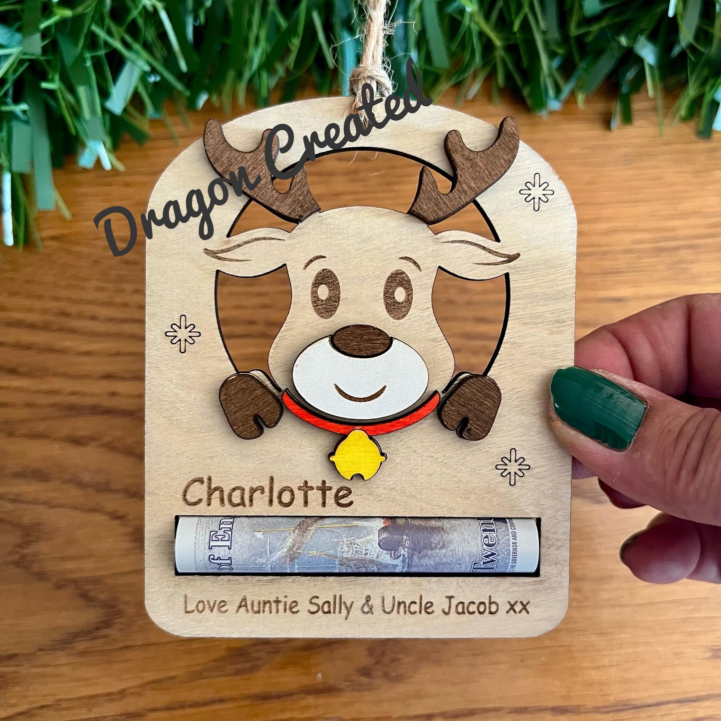 Personalised Christmas Money Holder: Reindeer Tree Decoration, Birch Wood, Cash Envelope