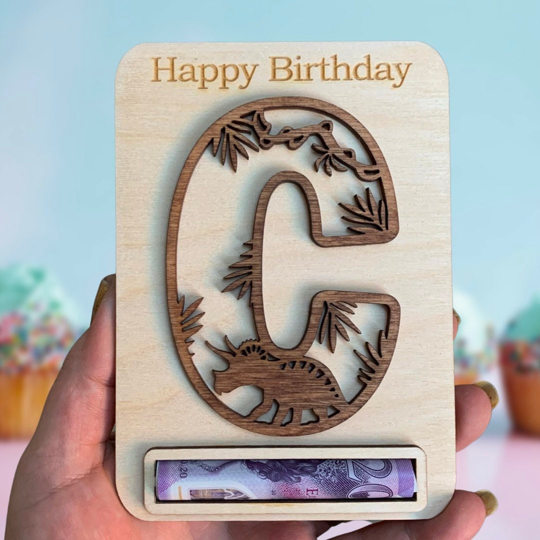 Personalised Dinosaur Money Holder: Wooden Birthday Gift Envelope, Cash Envelope