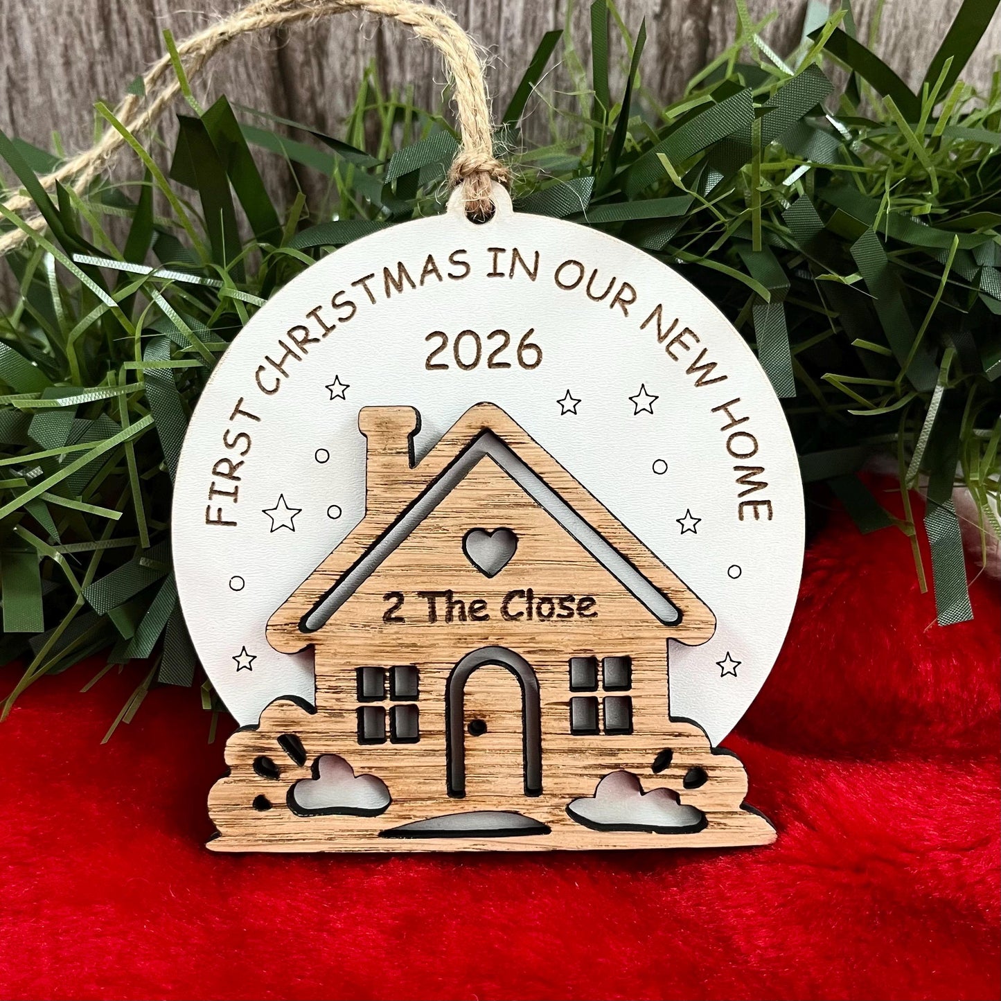 First Christmas In New Home, Christmas Ornament, Personalised Wooden Tree Decoration
