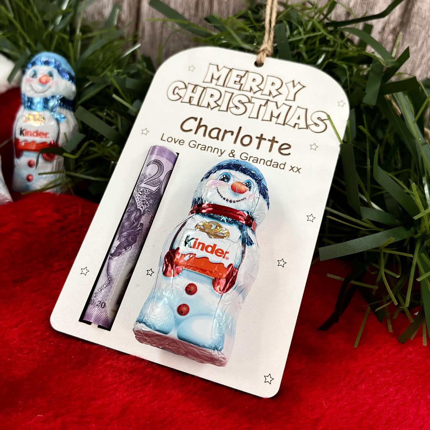 Personalised Christmas Money And Chocolate Holder: Kinder Chocolate Snowman Tree Ornament, Cash Envelope