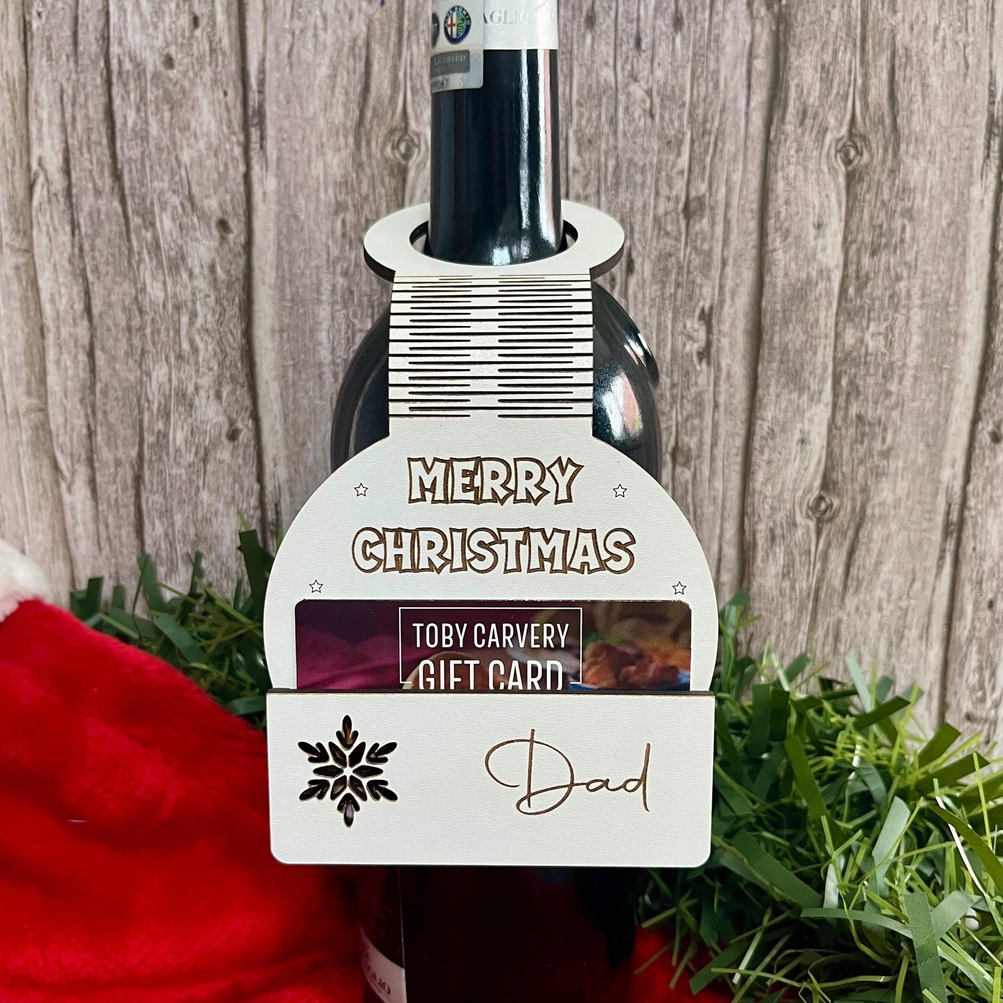 Personalised Christmas Wine Tag, Gift Card Holder: Wooden Wine Bottle Topper