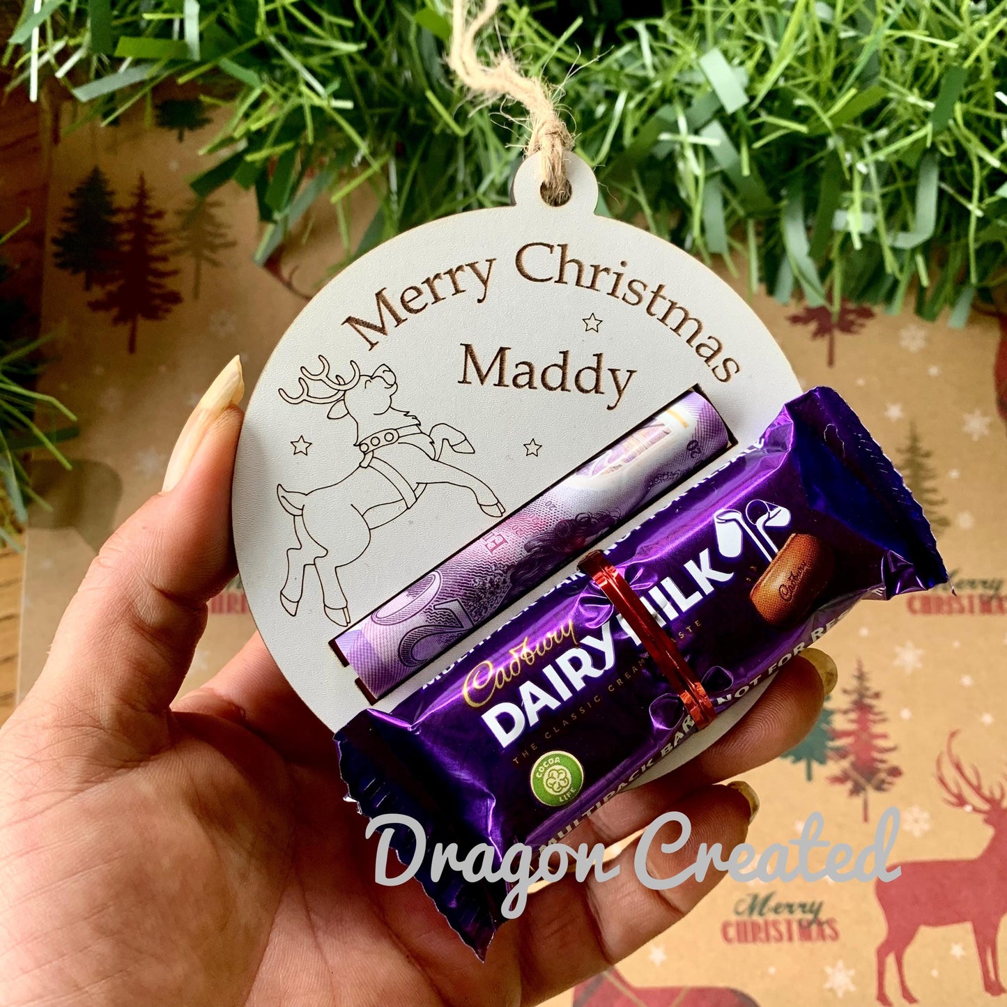 Personalised Reindeer Christmas Money & Chocolate Holder - Tree Ornament