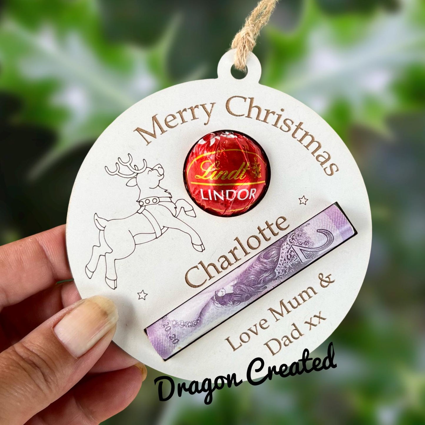 Personalised Reindeer Chocolate & Money Holder: Christmas Tree Decoration, Cash Envelope