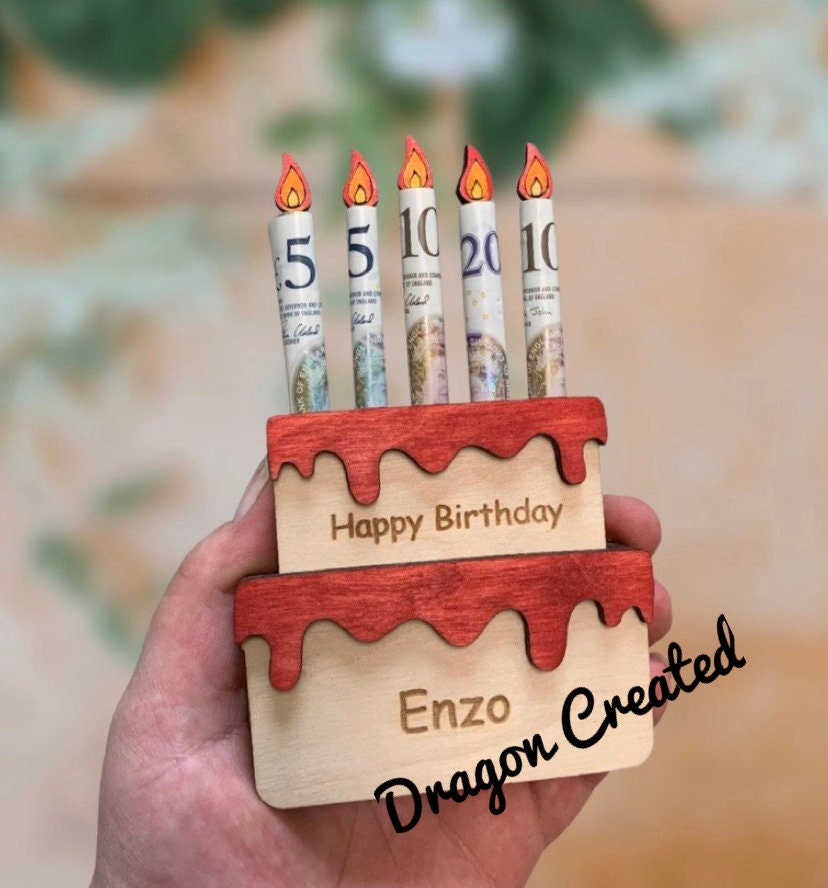 Personalised Birthday Money Holder: Wooden Cake Cash Gift, Envelope