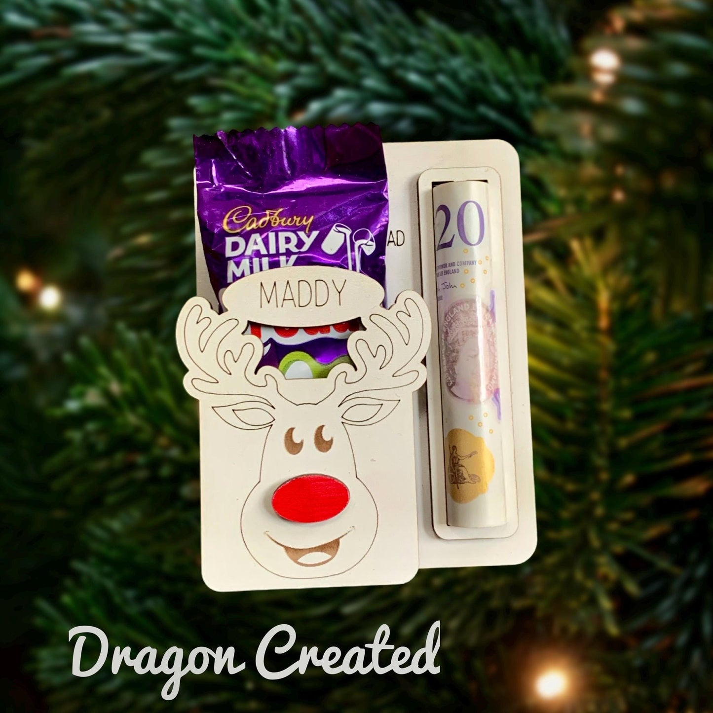 Personalised Reindeer Money & Chocolate Holder: Laser Engraved Wood Christmas Ornament