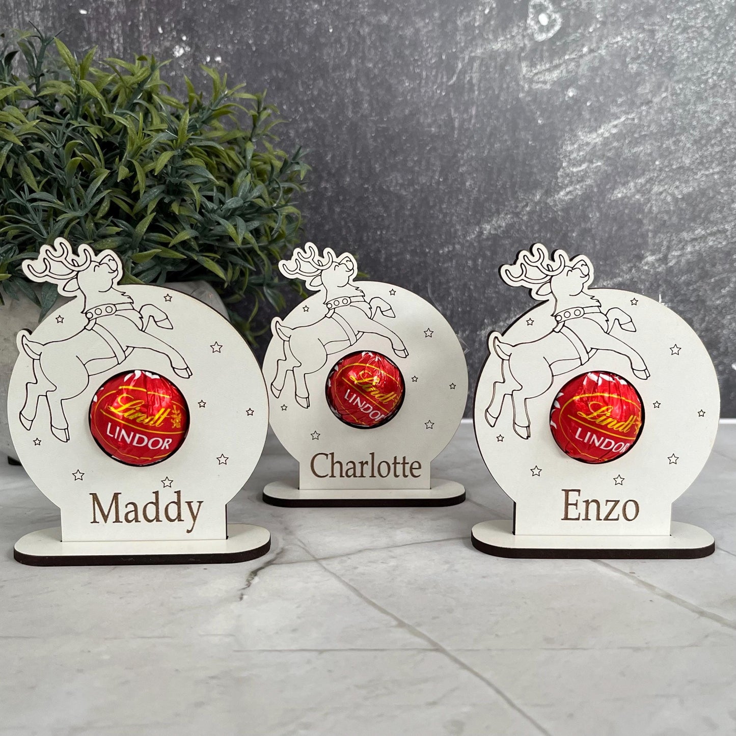Christmas Table Family Place Settings, Personalised Chocolate Lindor Holder, Place Card: Wooden Table Decoration