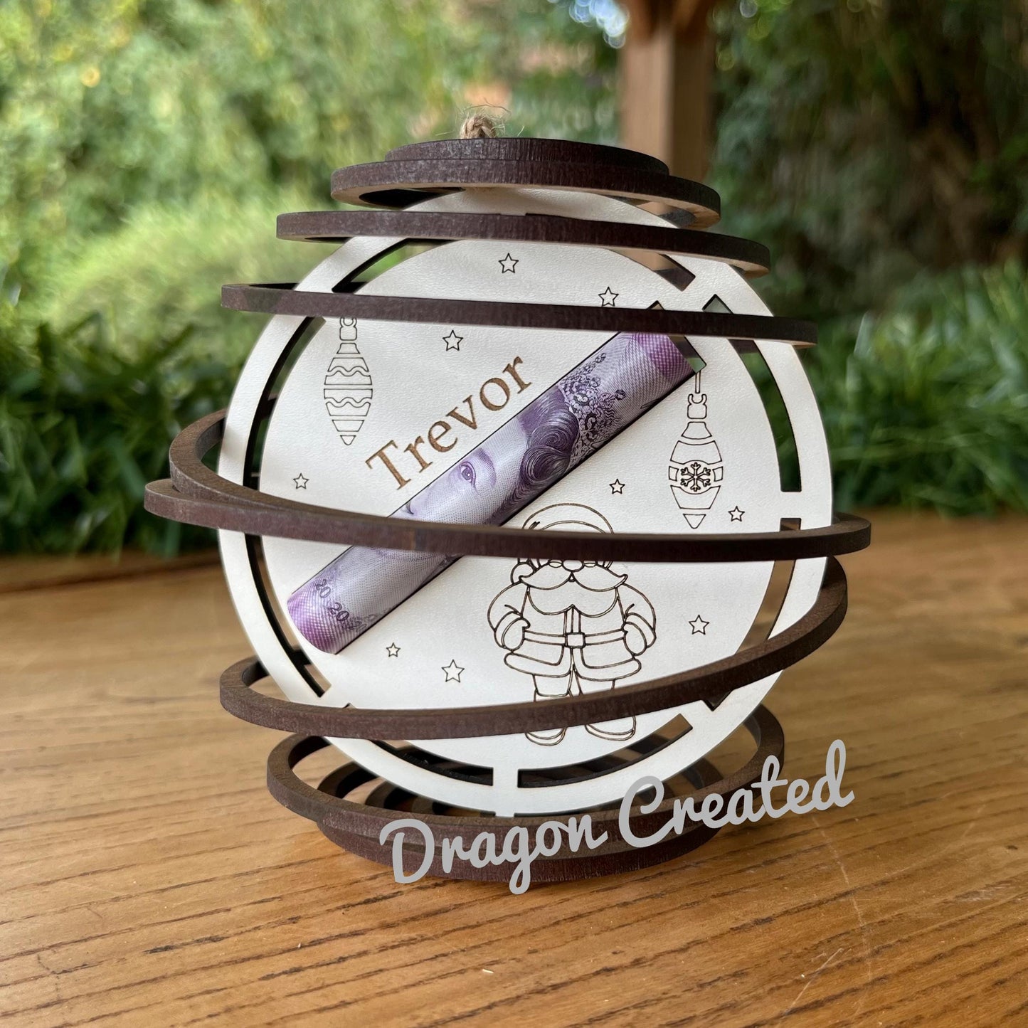 Personalised Father Christmas, Santa Money Holder - Tree Ornament, Wooden Swirl Bauble