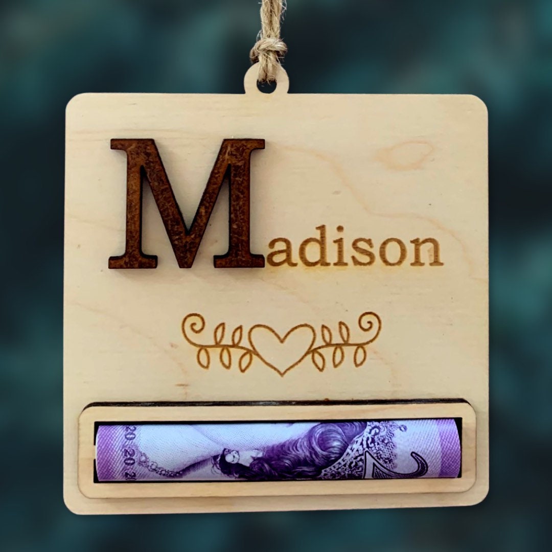 Personalized Money Holder Ornament: Engraved Birch Wood Birthday Gift