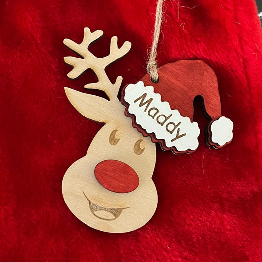 Wooden Reindeer Personalised Christmas Ornament: Engraved Bauble, Tree Decoration, Stocking Tag