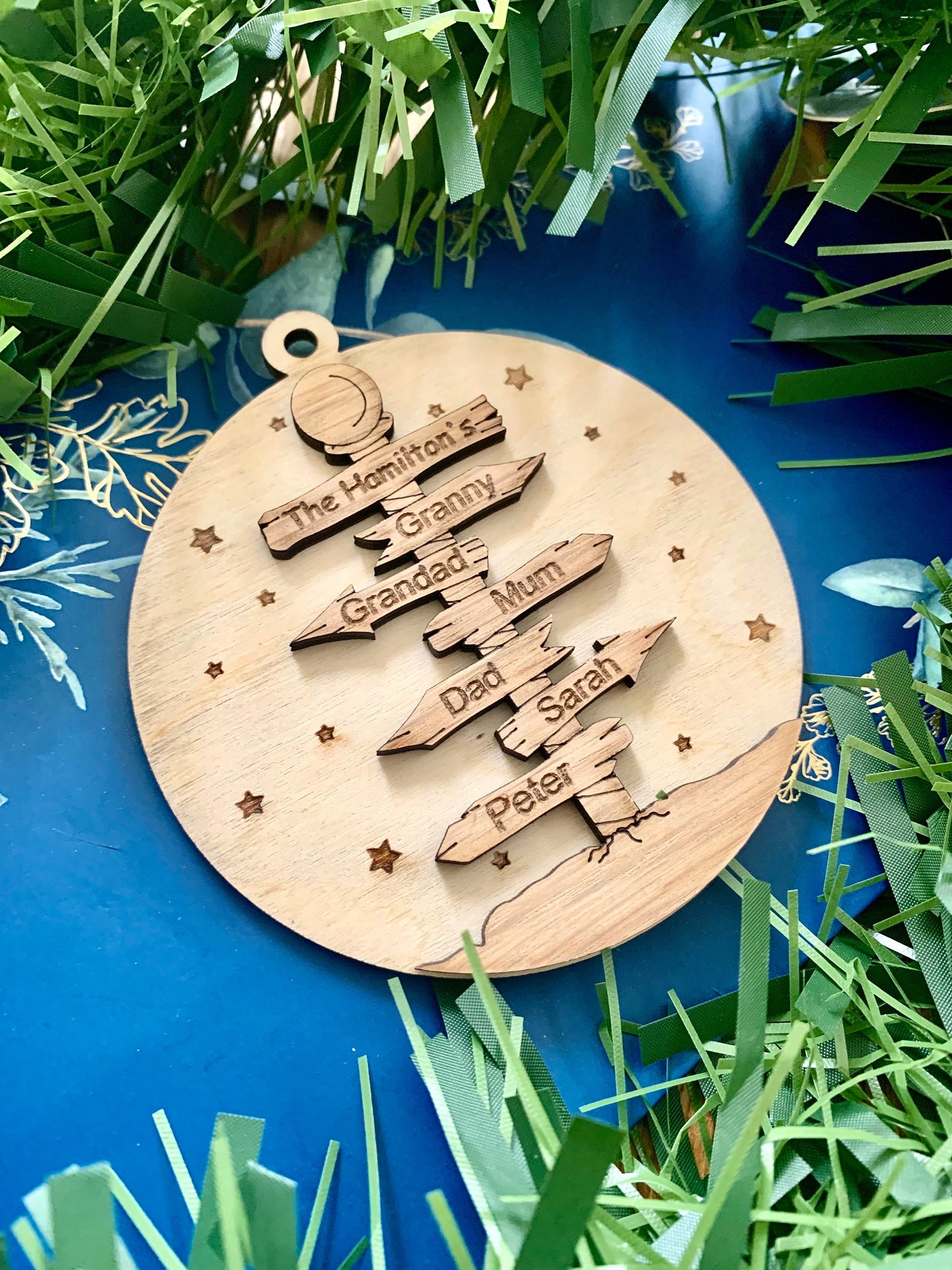 Personalised Family Christmas Ornament: North Pole Signpost, Wooden Bauble, Tree Decoration