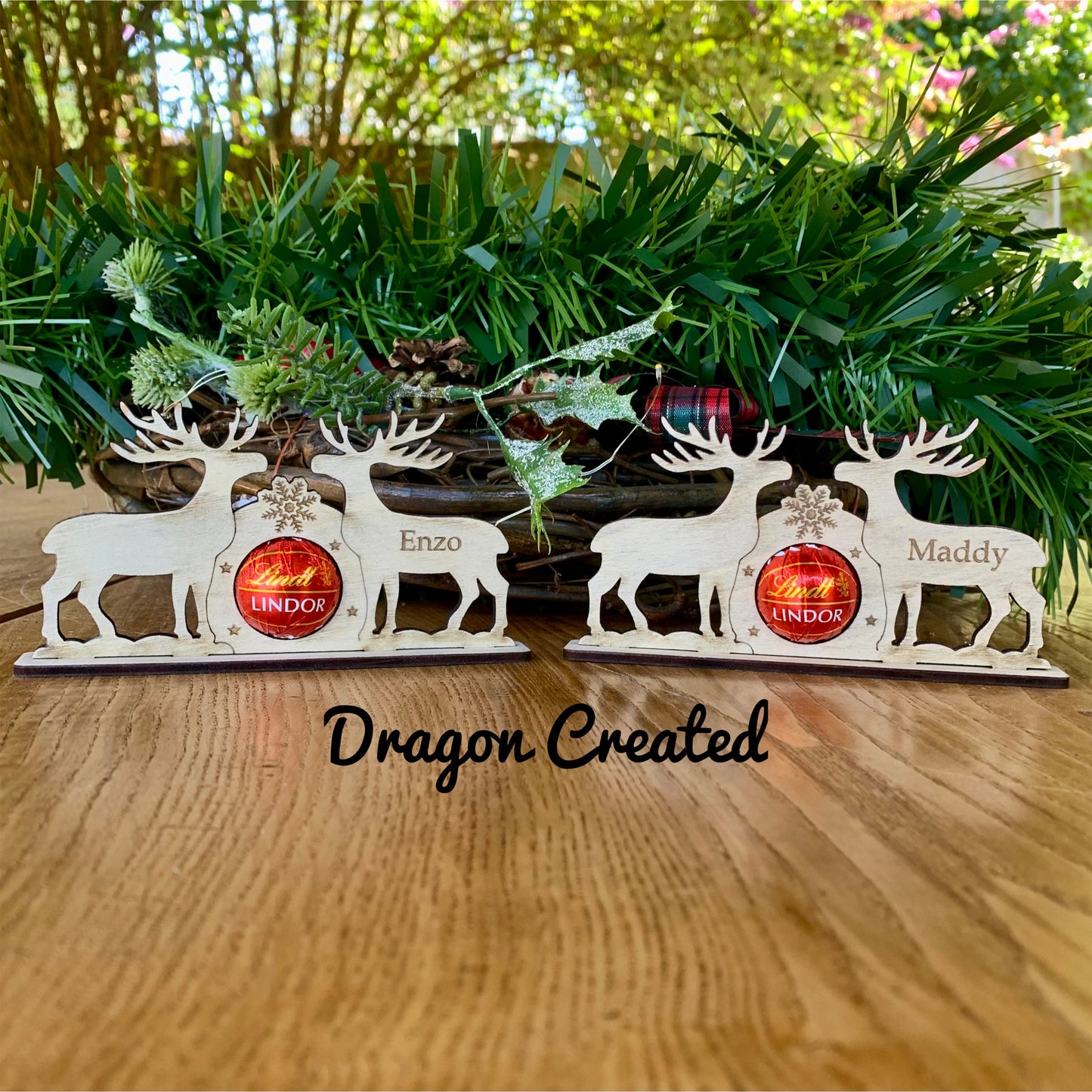 Personalised Reindeer Chocolate Holder: Wooden Christmas Place Setting