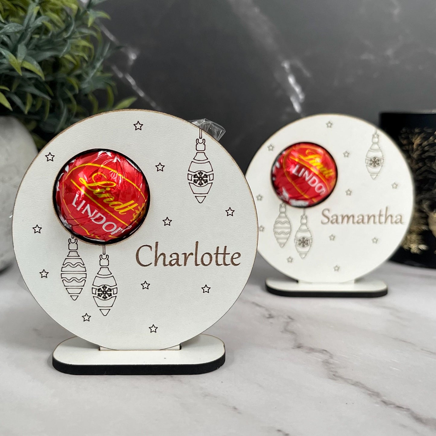 Personalised Christmas Table Place Settings, Chocolate Lindor Holder, Place Card: Laser Engraved Wooden Table Decoration