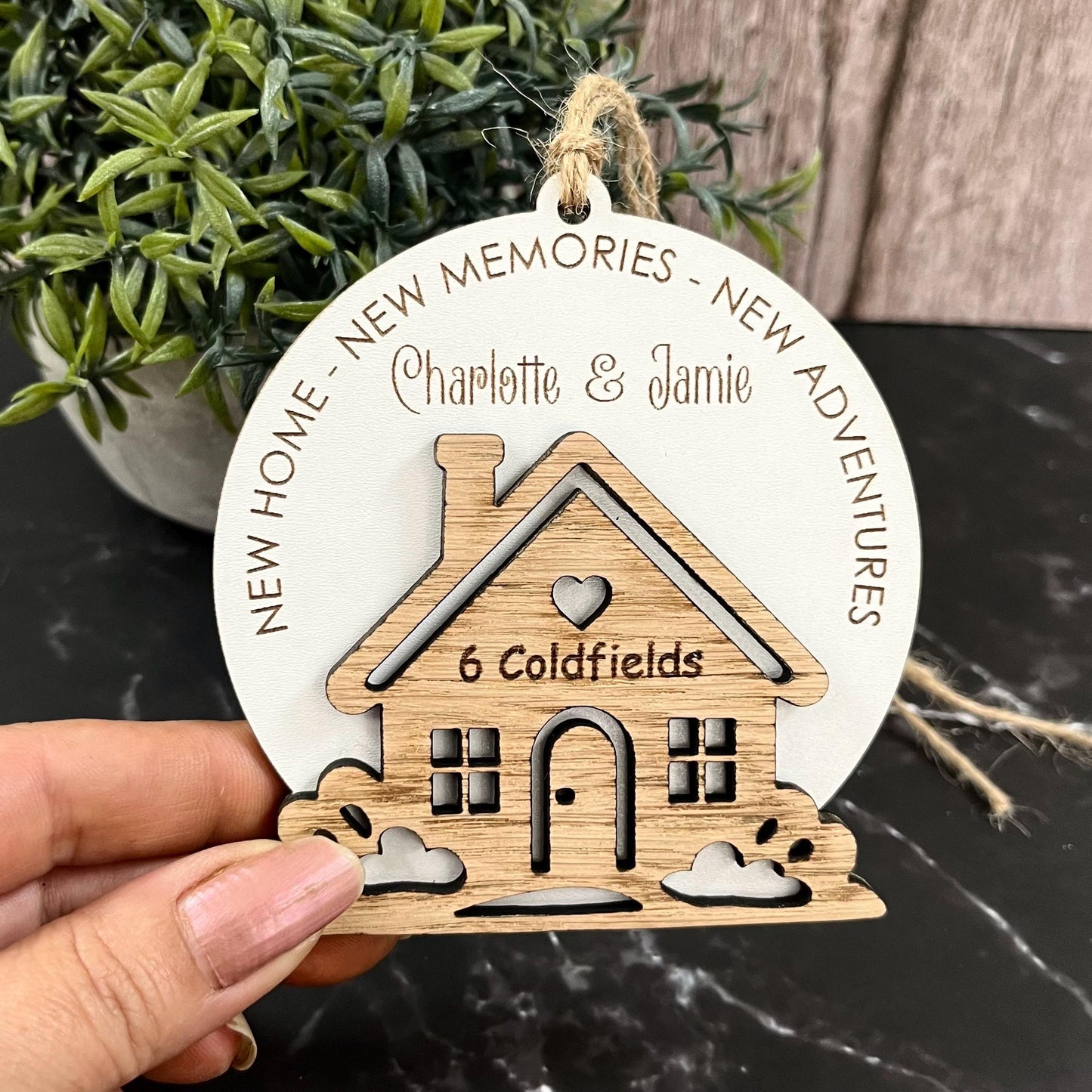 Personalised New Home Ornament: Laser Engraved Oak Wood, First Home Gift