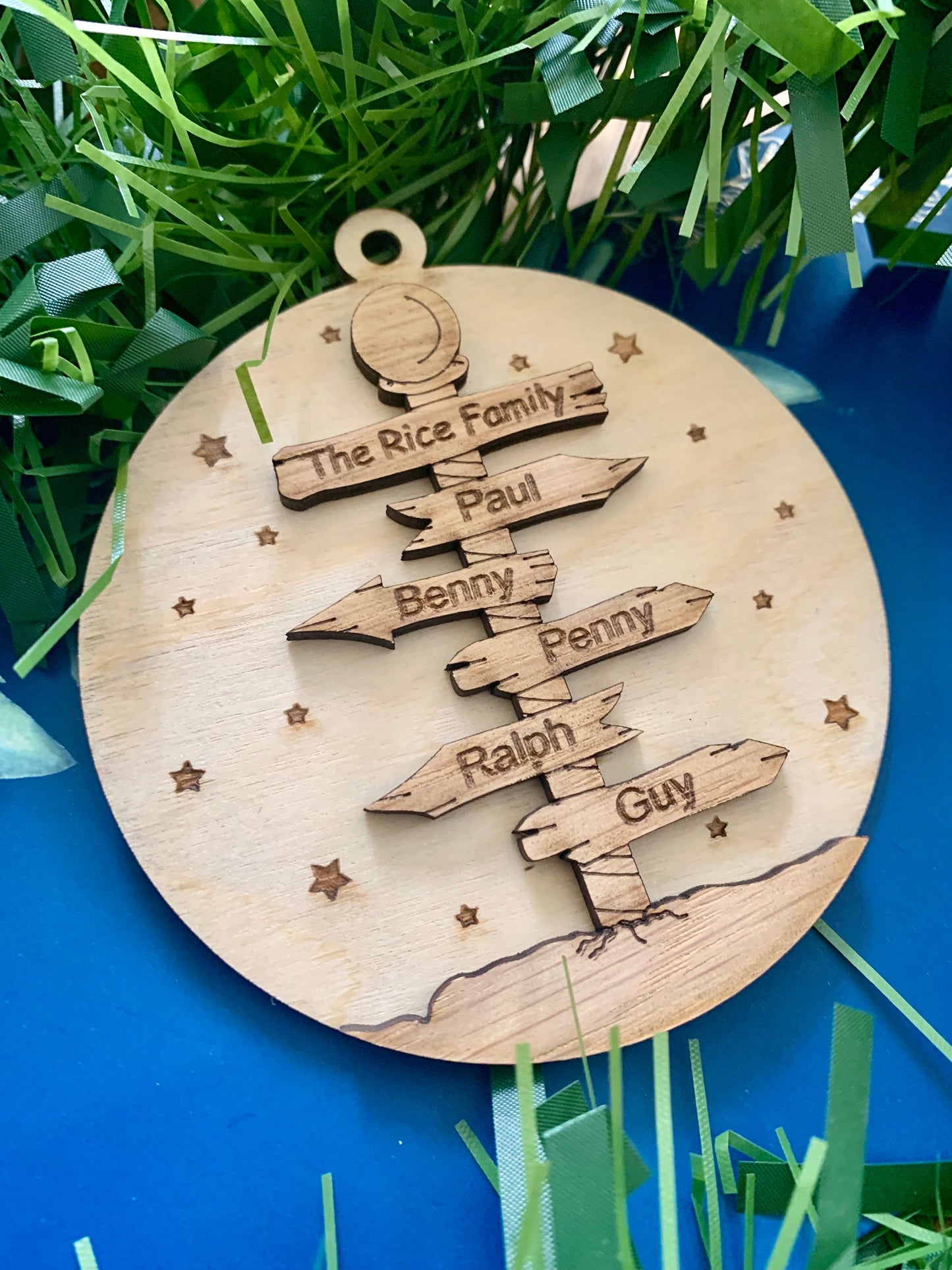 Personalised Family Christmas Ornament: North Pole Signpost, Wooden Bauble, Tree Decoration