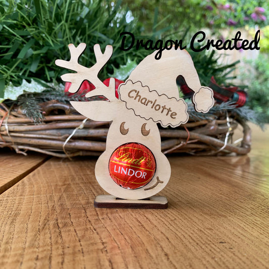 Personalised Reindeer Chocolate Holder: Wooden Christmas Table Decoration, Lindor Chocolate, Place Setting