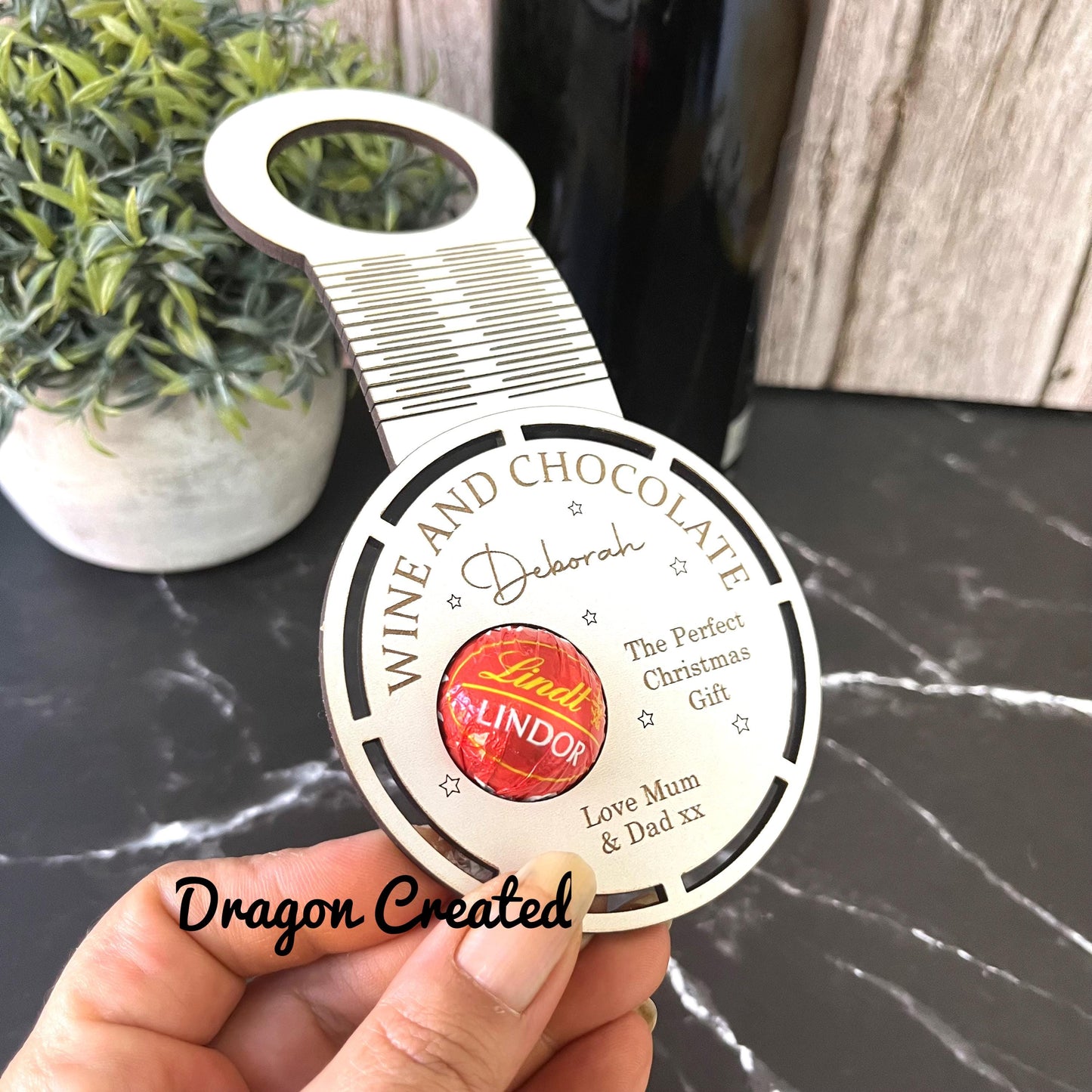 Personalised Funny Christmas Wine And Chocolate Bottle Tag: Engraved Wooden Chocolate Holder, Label